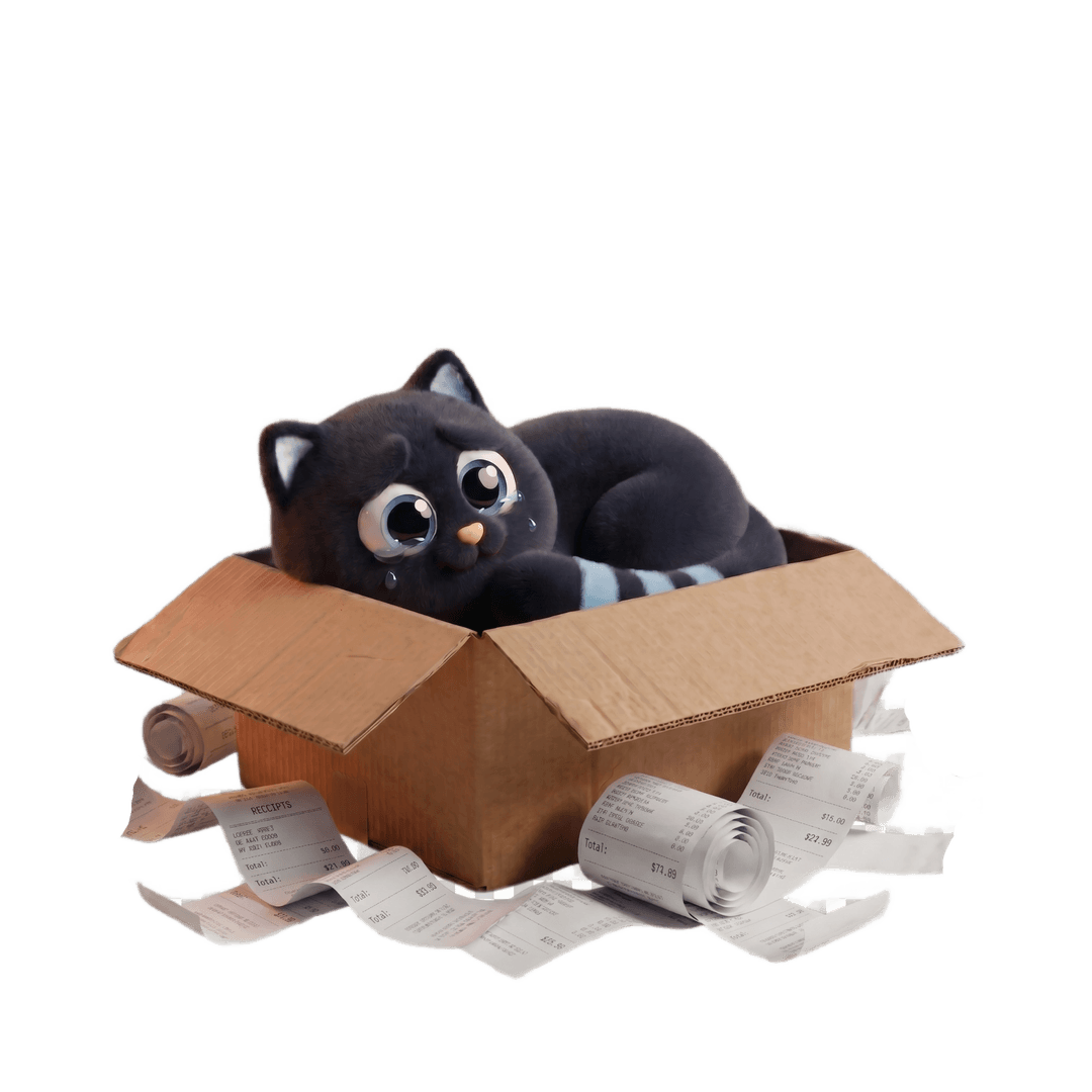 A sad black cat sitting in a cardboard box surrounded by receipts representing feeling overwhelmed with business closing tasks